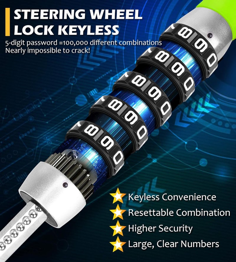Tevlaphee Steering Wheel Lock, Car Lock Anti Theft Keyless Extendable Retractable Password 5 Coded Combination Lock, Heavy Duty Universal Fit (Green) - Image 3